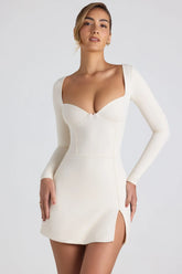 Modal Bow-Embellished Sweetheart-Neck A-Line Mini Dress in Ivory