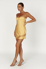 Joslyn Satin Lace Slip Mini Dress - Lemon