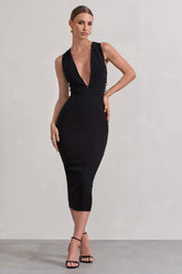 Black Plunge Sleeveless Midi Dress With Tie Waist