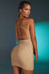 Embellished Multi Strap Mini Dress in Sand