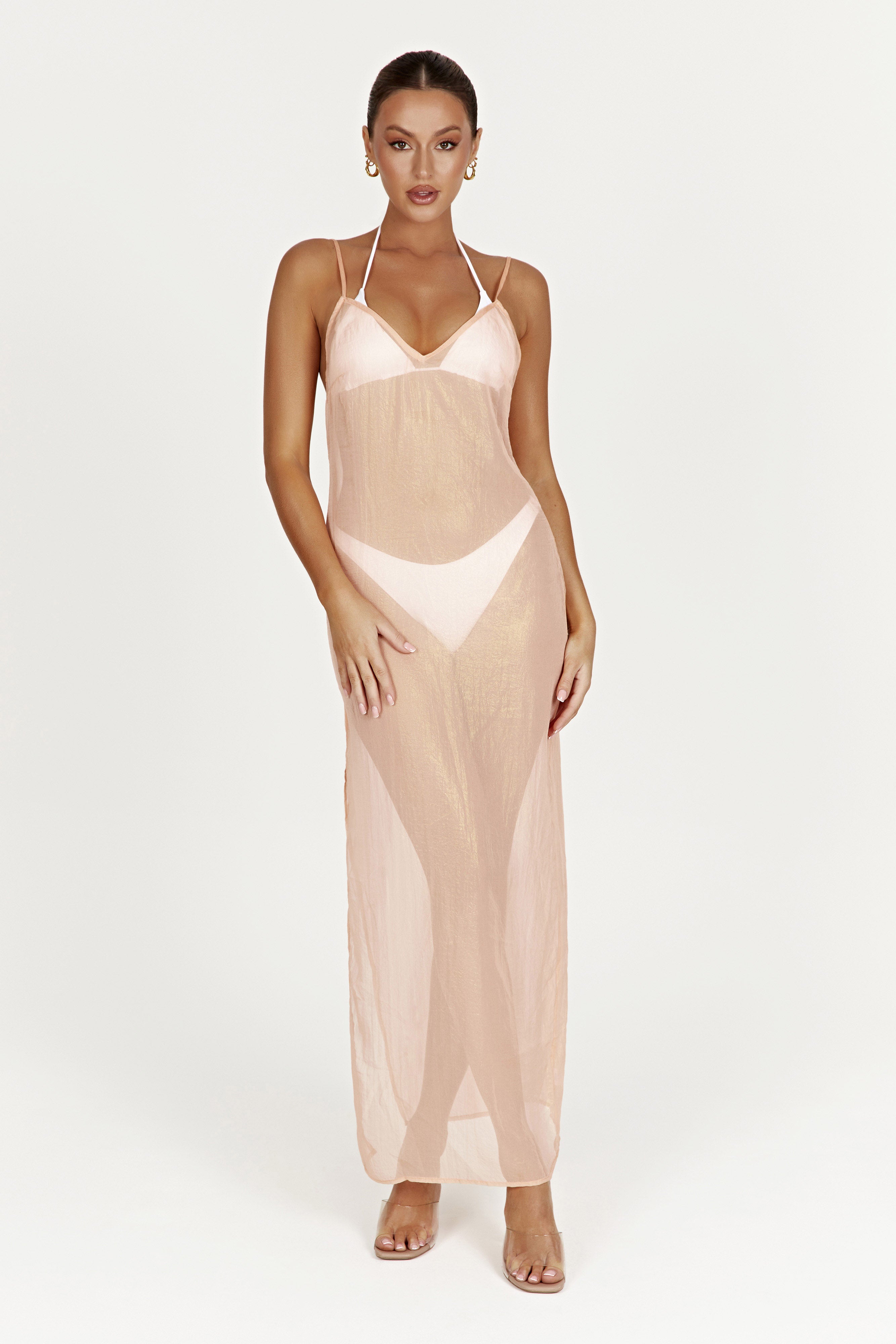 Phoebe Sheer Iridescent Maxi Dress - Peach