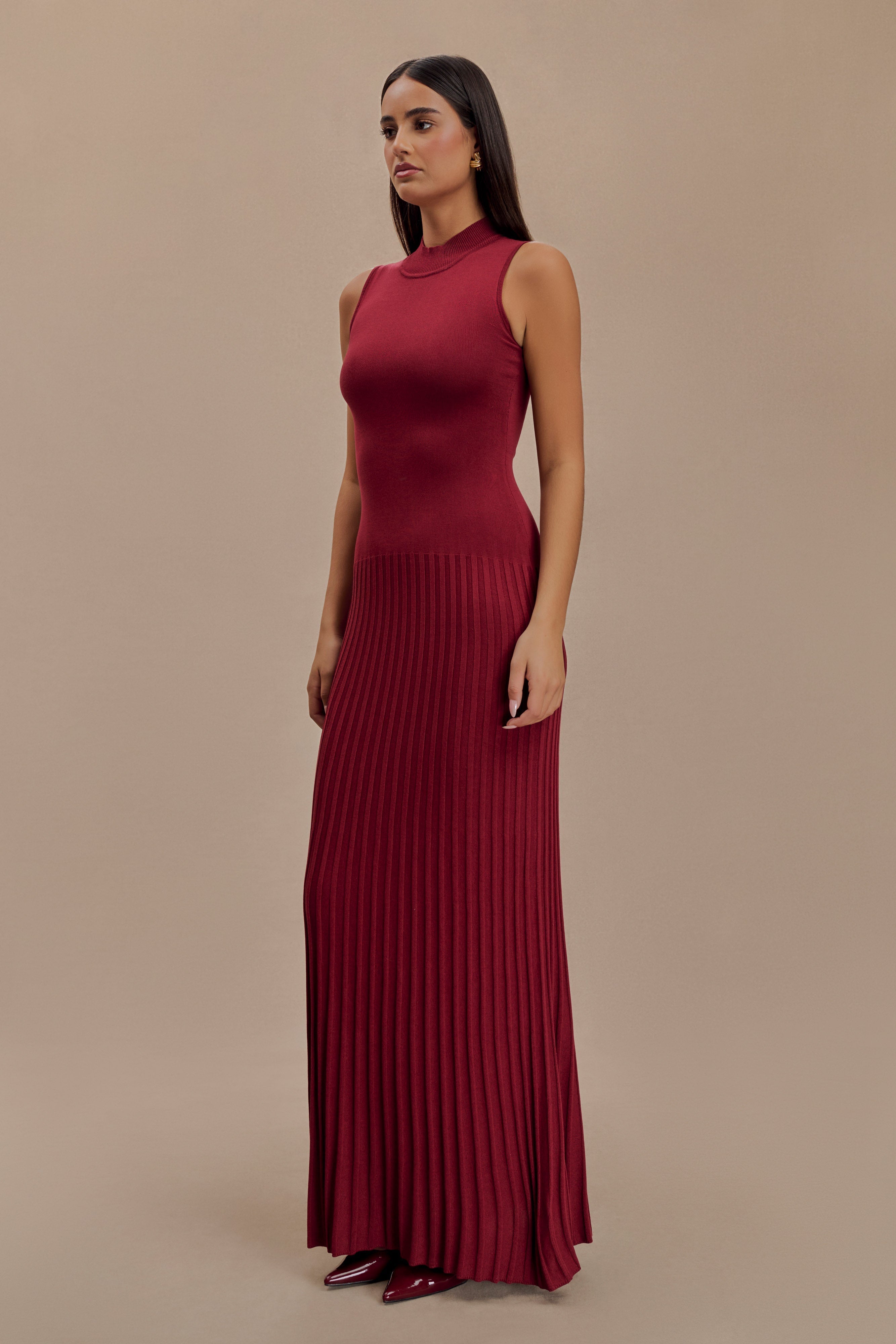 Mavis High Neck Pleated Maxi Dress - Mahogany
