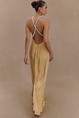 Blanche Satin Pearl Halter Maxi Dress - Peach