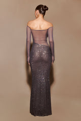 Nash Diamante Off Shoulder Maxi Dress - Gunmetal