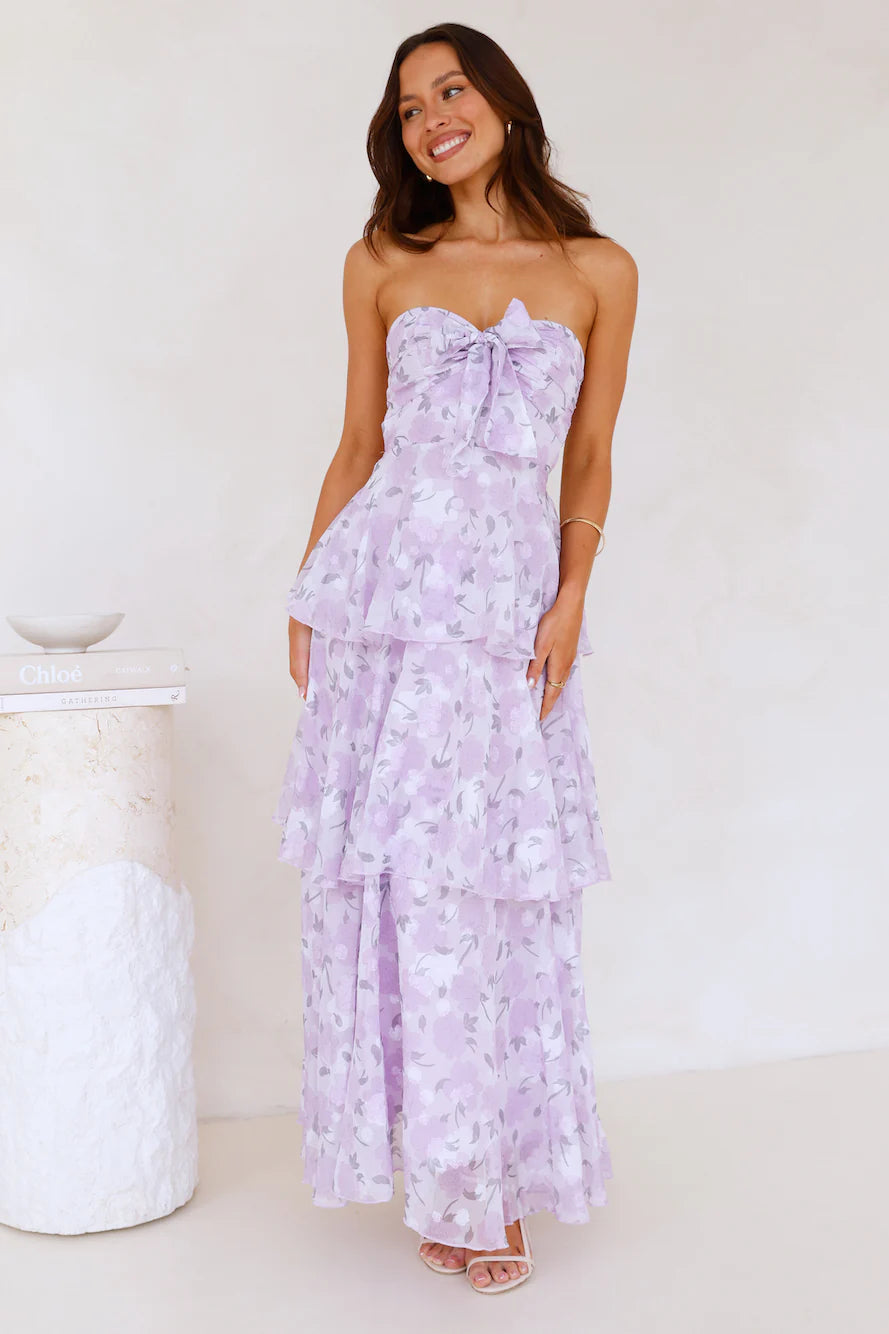 Spring Flower Strapless Maxi Dress Lilac