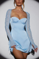 Long Sleeve Embellished A-line Mini Dress in Blue