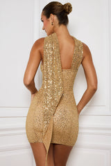 Embellished Scarf-Detail Mini Dress in Gold