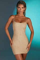 Embellished Multi Strap Mini Dress in Sand