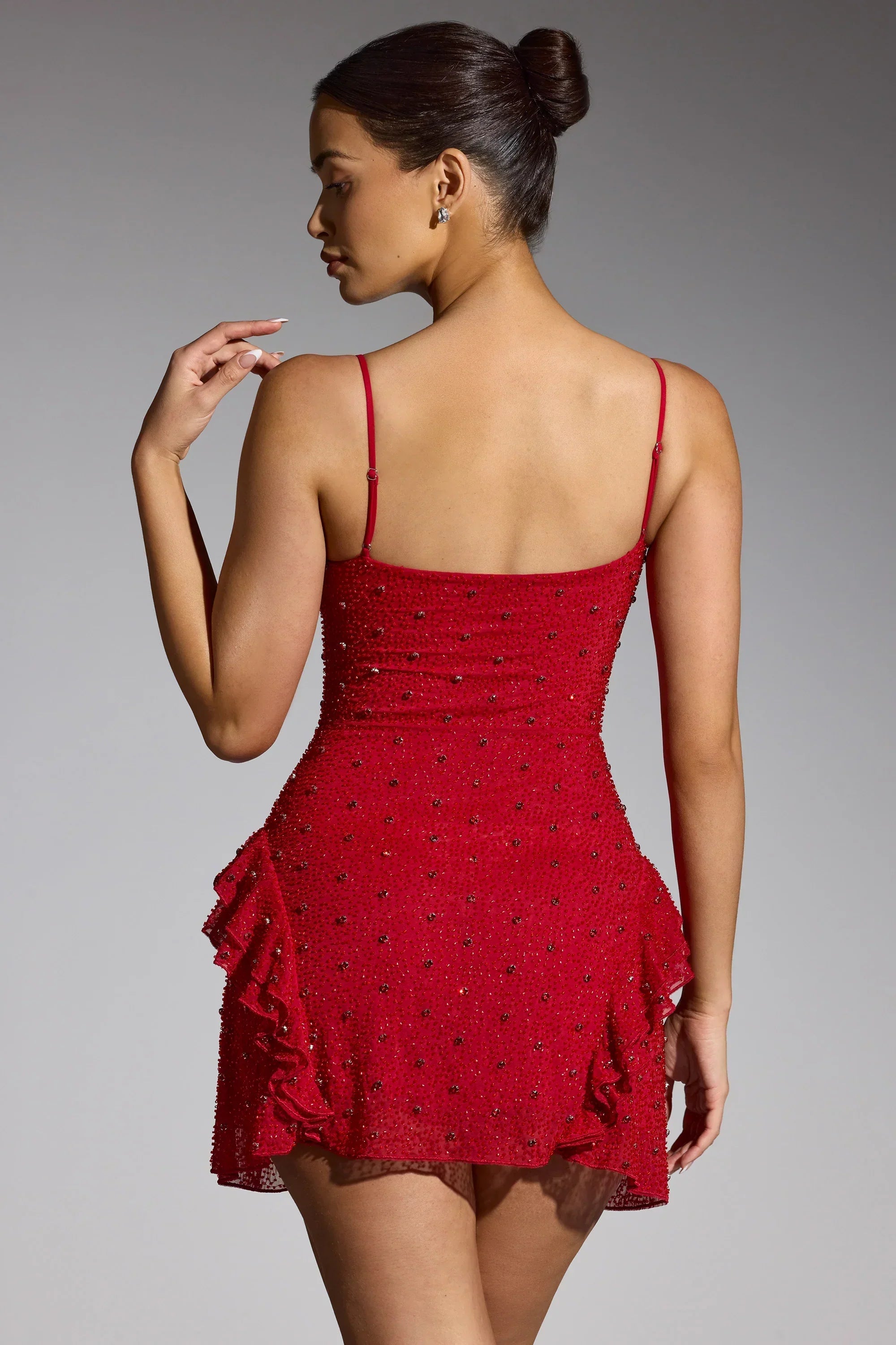 Embellished Frill Mini Dress in Red
