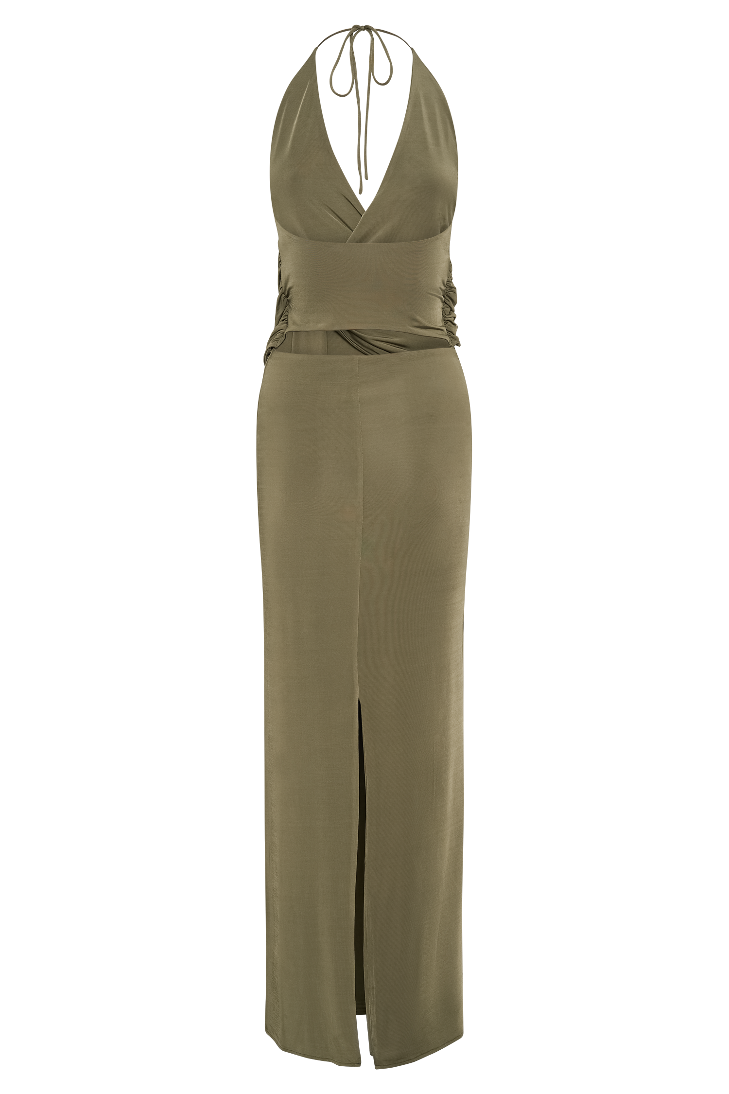 Tyla Draped Slinky Halter Maxi Dress - Dark Olive