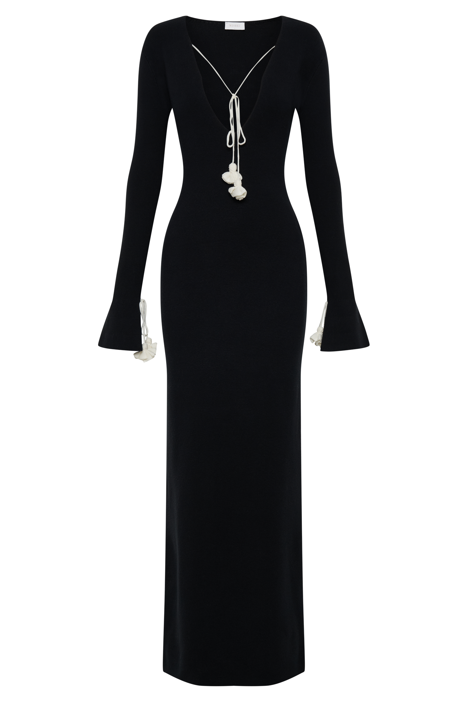 Erica Knit Maxi Dress With Floral Ties - Black And White