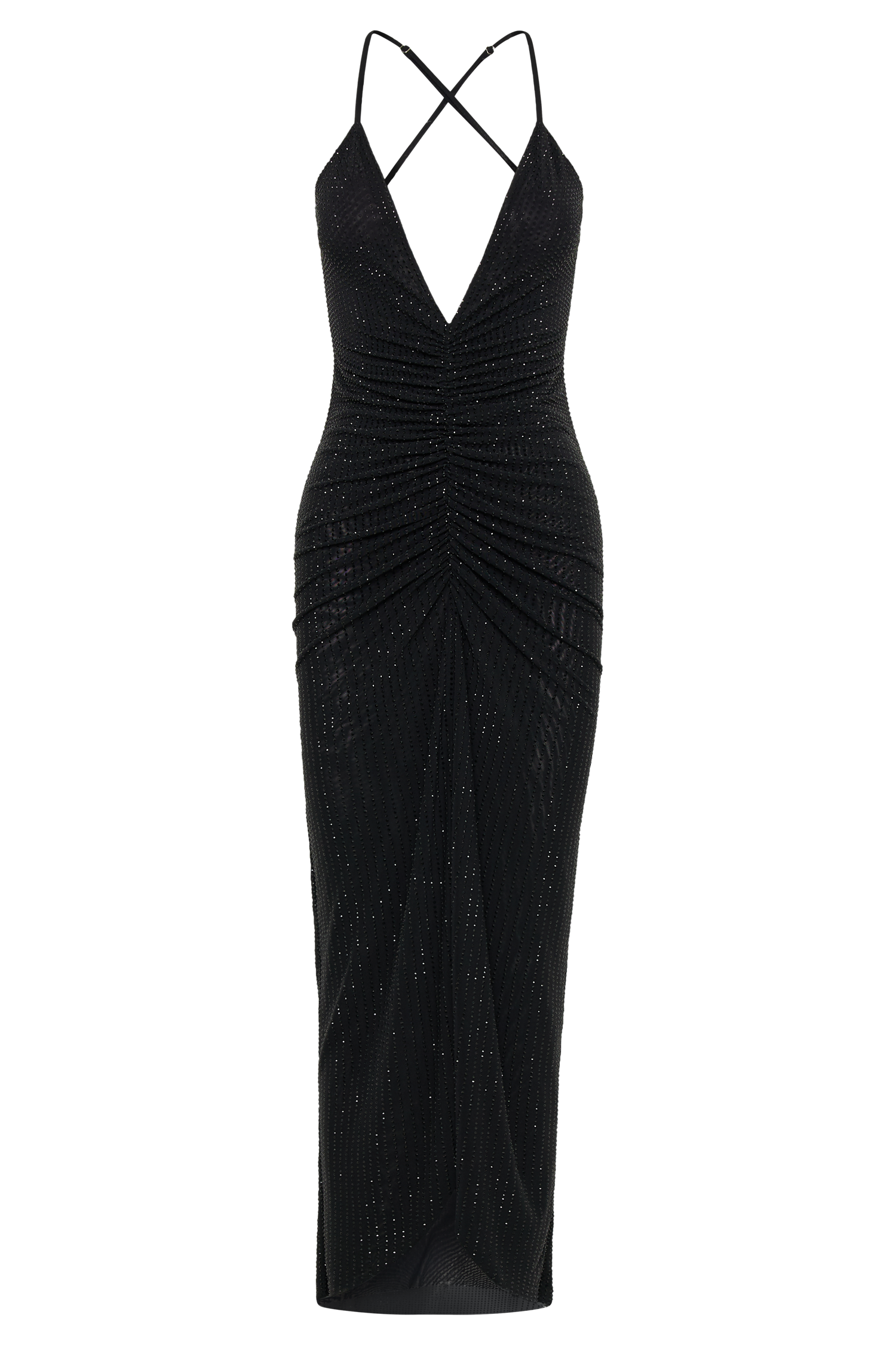 Emeraude Diamante Ruched Midi Dress - Black