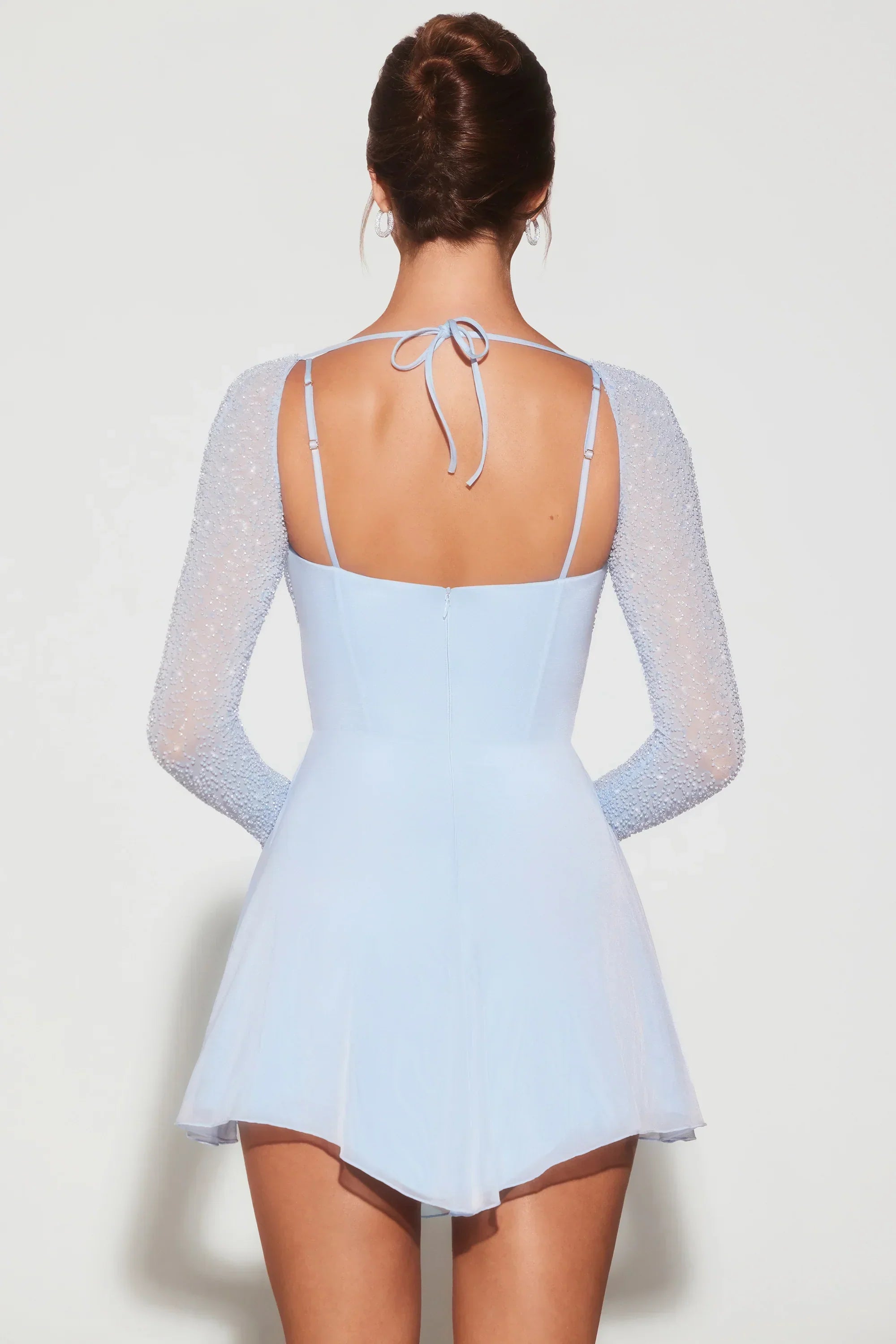 Embellished Long Sleeve Angled Hem Mini Dress in Blue