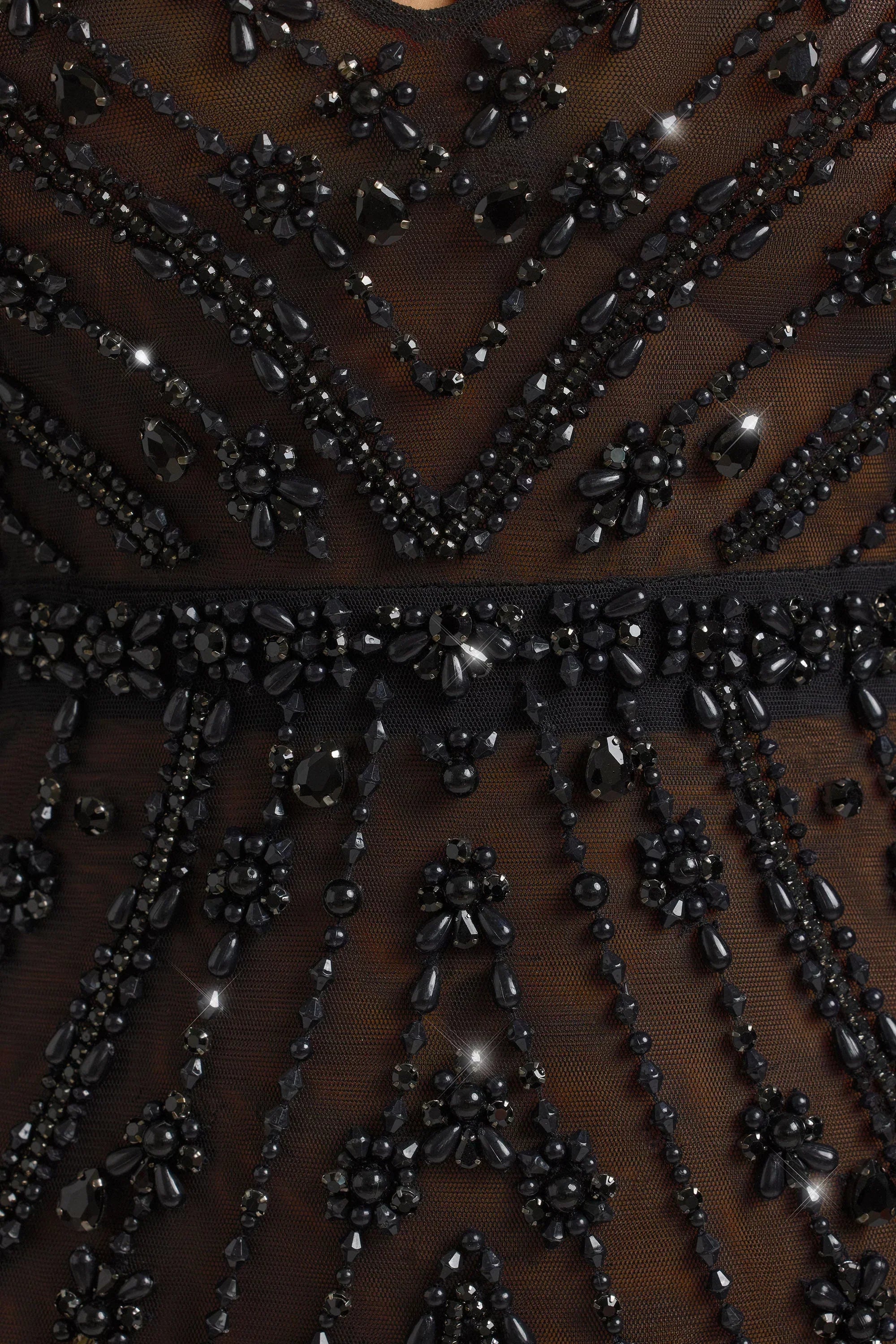 Hand Embellished Sheer Evening Gown in Black