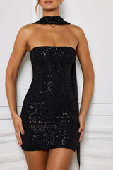 Embellished Scarf-Detail Mini Dress in Black
