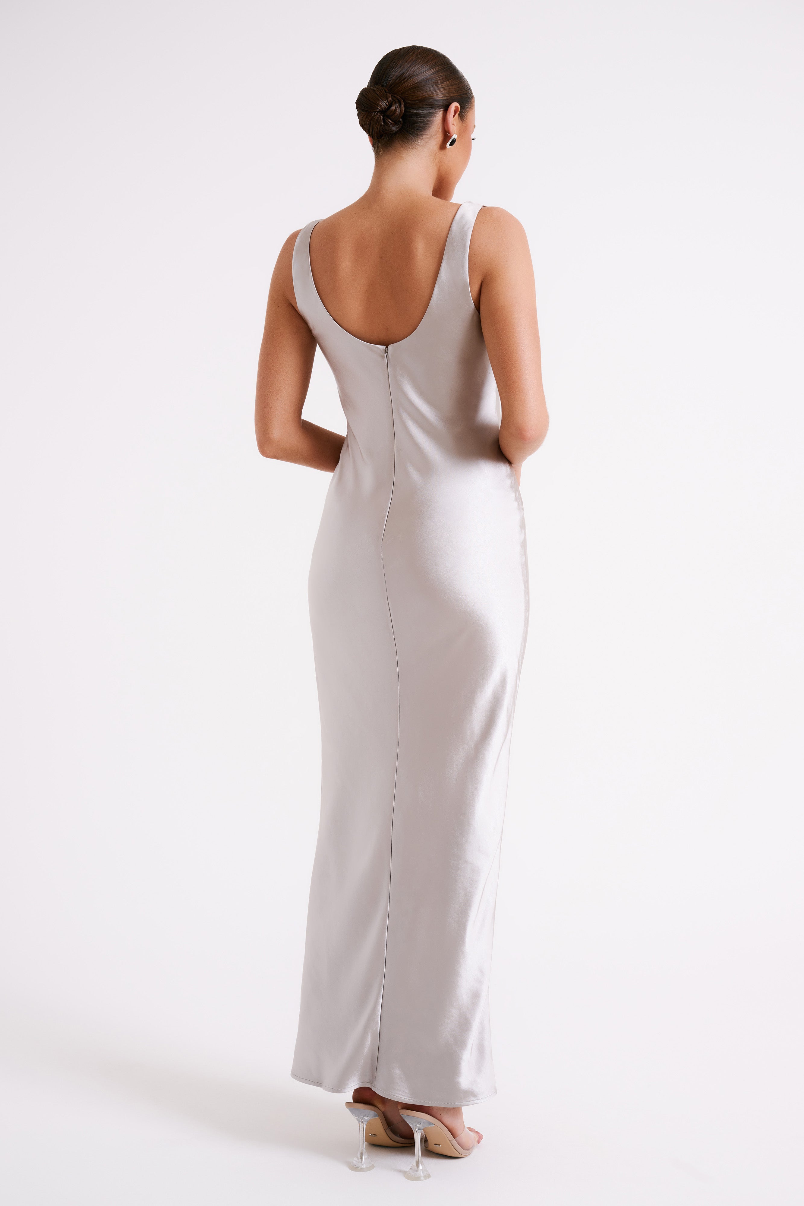 Aubrie Keyhole Satin Maxi Dress - Silver