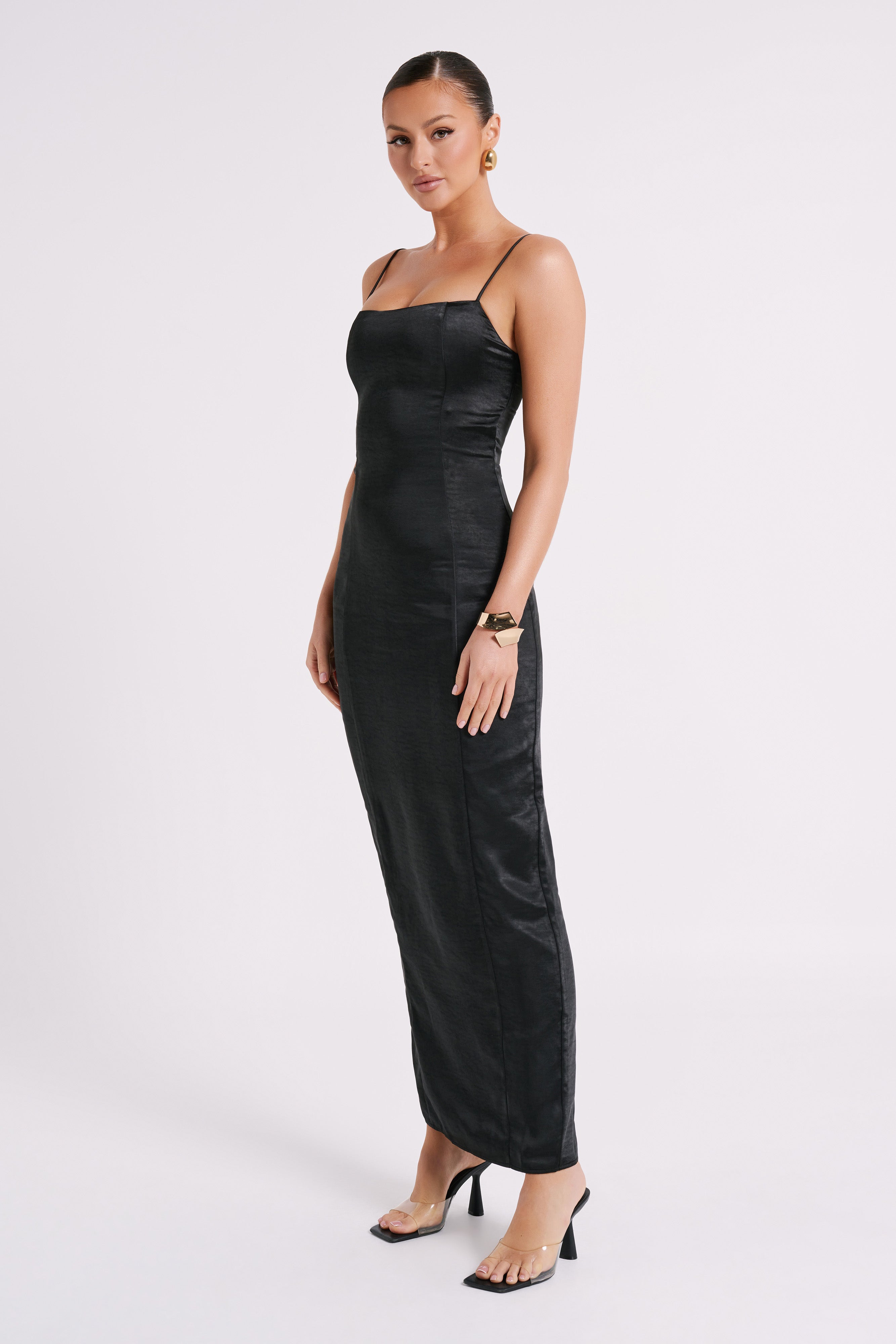 Chrisley Satin Maxi Dress With Split - Black