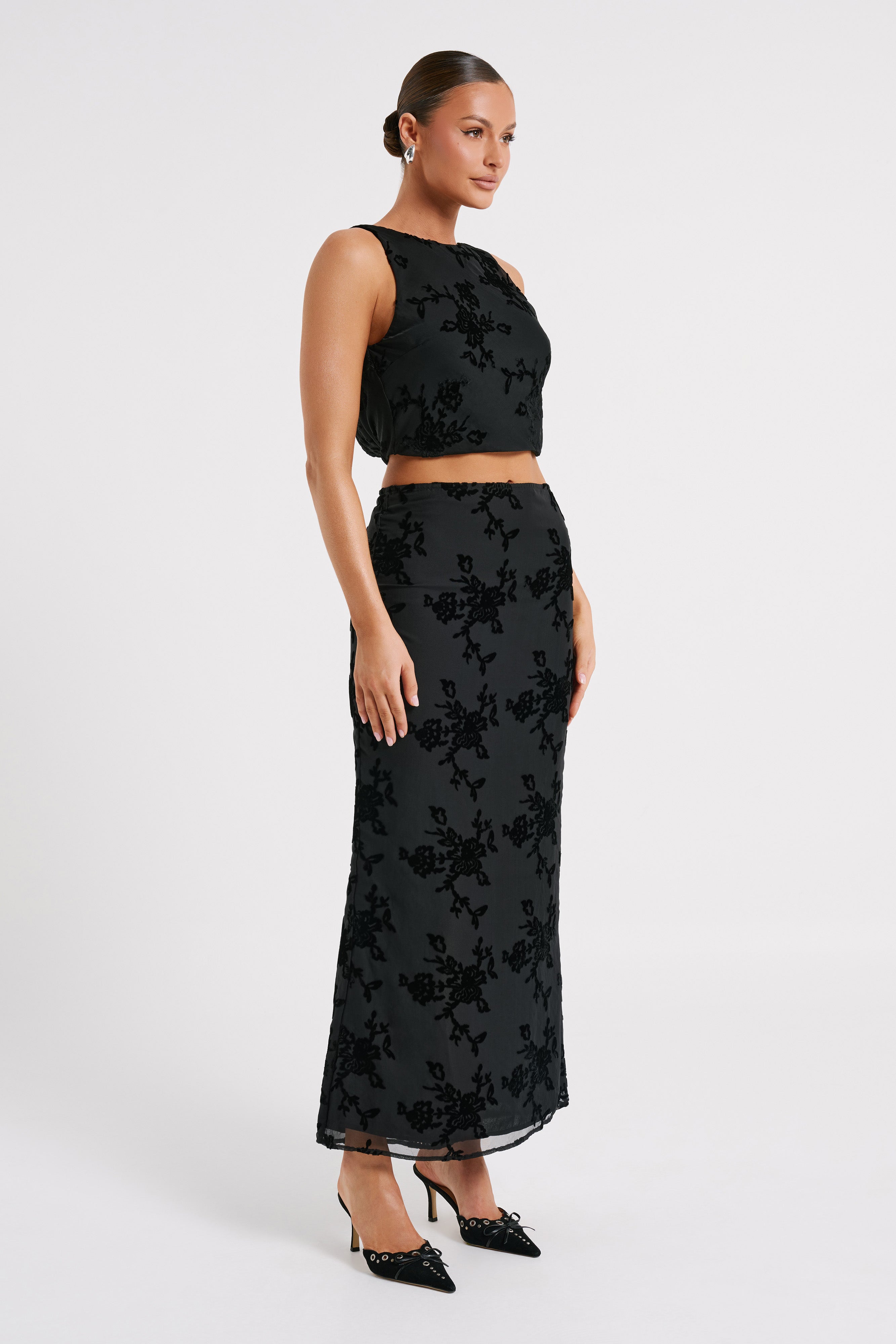Mona Burnout Velvet Maxi Skirt - Black