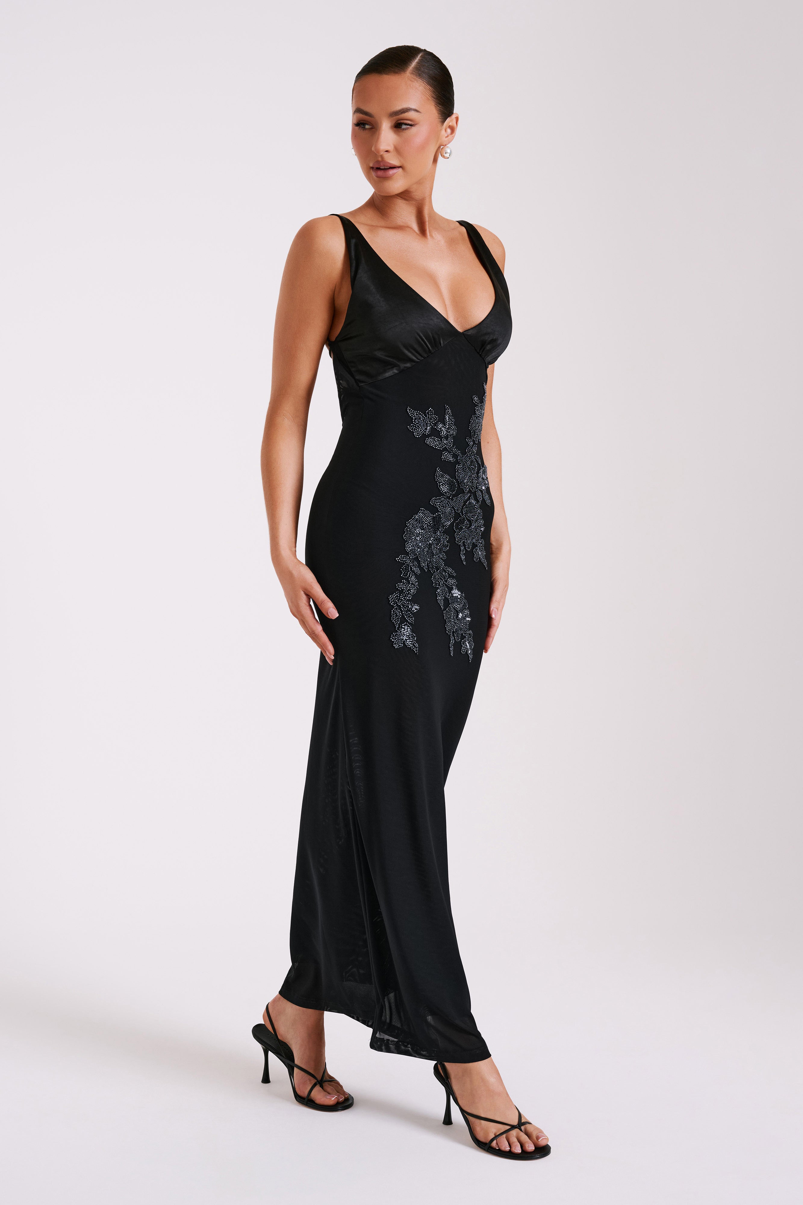 Maya Beaded Mesh Maxi Dress - Black